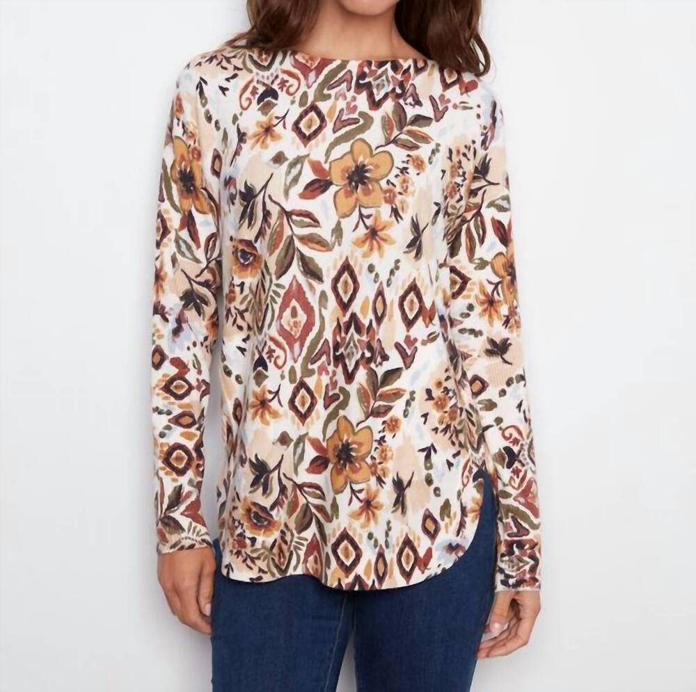 NEW CHARLIE B long sleeve boat neck top in jacobean